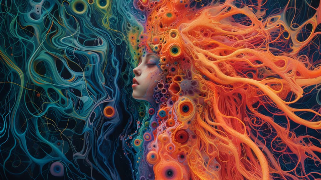 Painting of a woman in profile whose hair flows out into rivers of orange and teal colour.