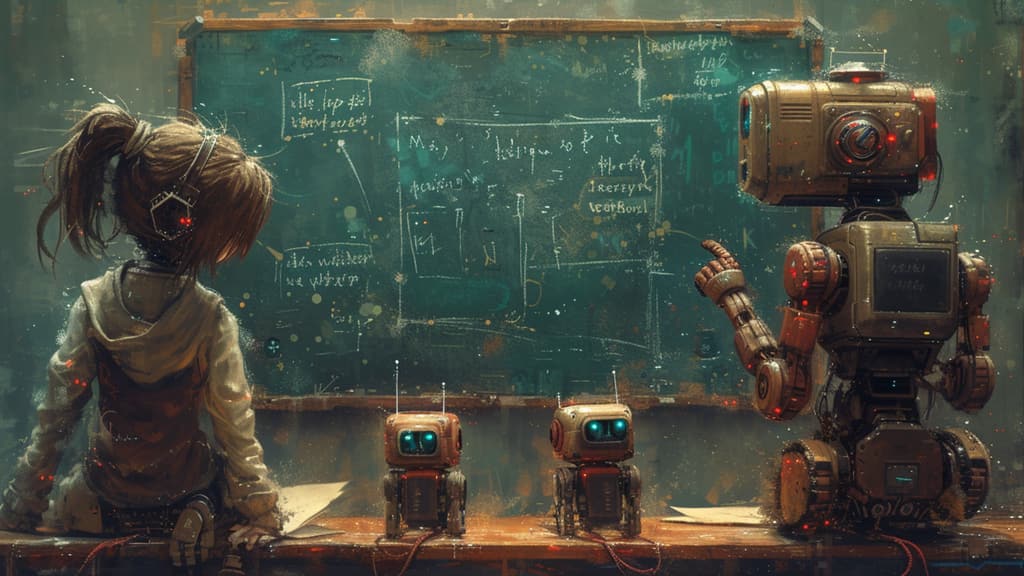 A girl in a hooded jacket sits at a chalkboard full of equations while a boxy rust coloured robot teacher and two small robots look on.