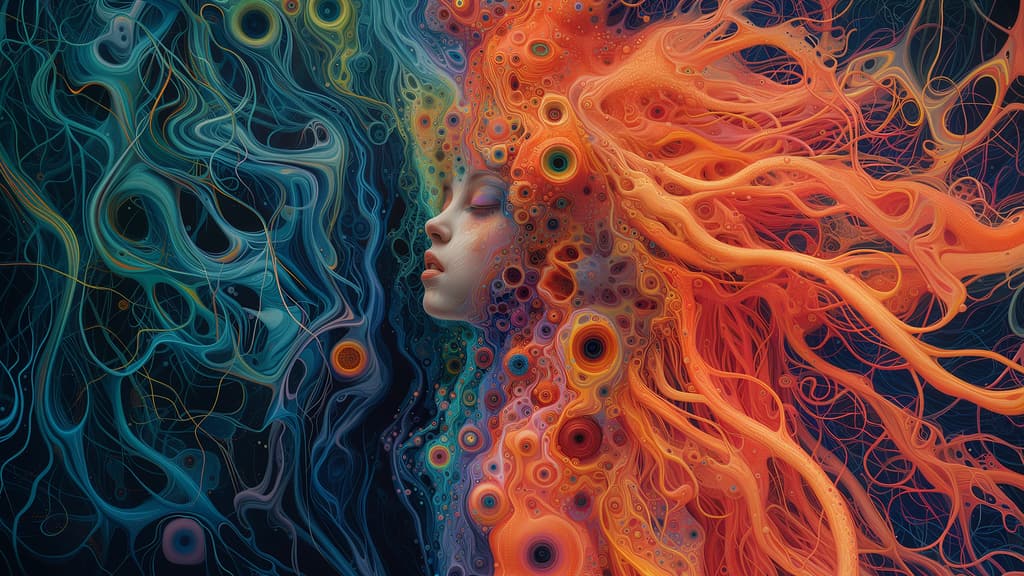Painting of a woman in profile whose hair dissolves into swirling rivers of orange and teal, studded with tiny rings of colour.