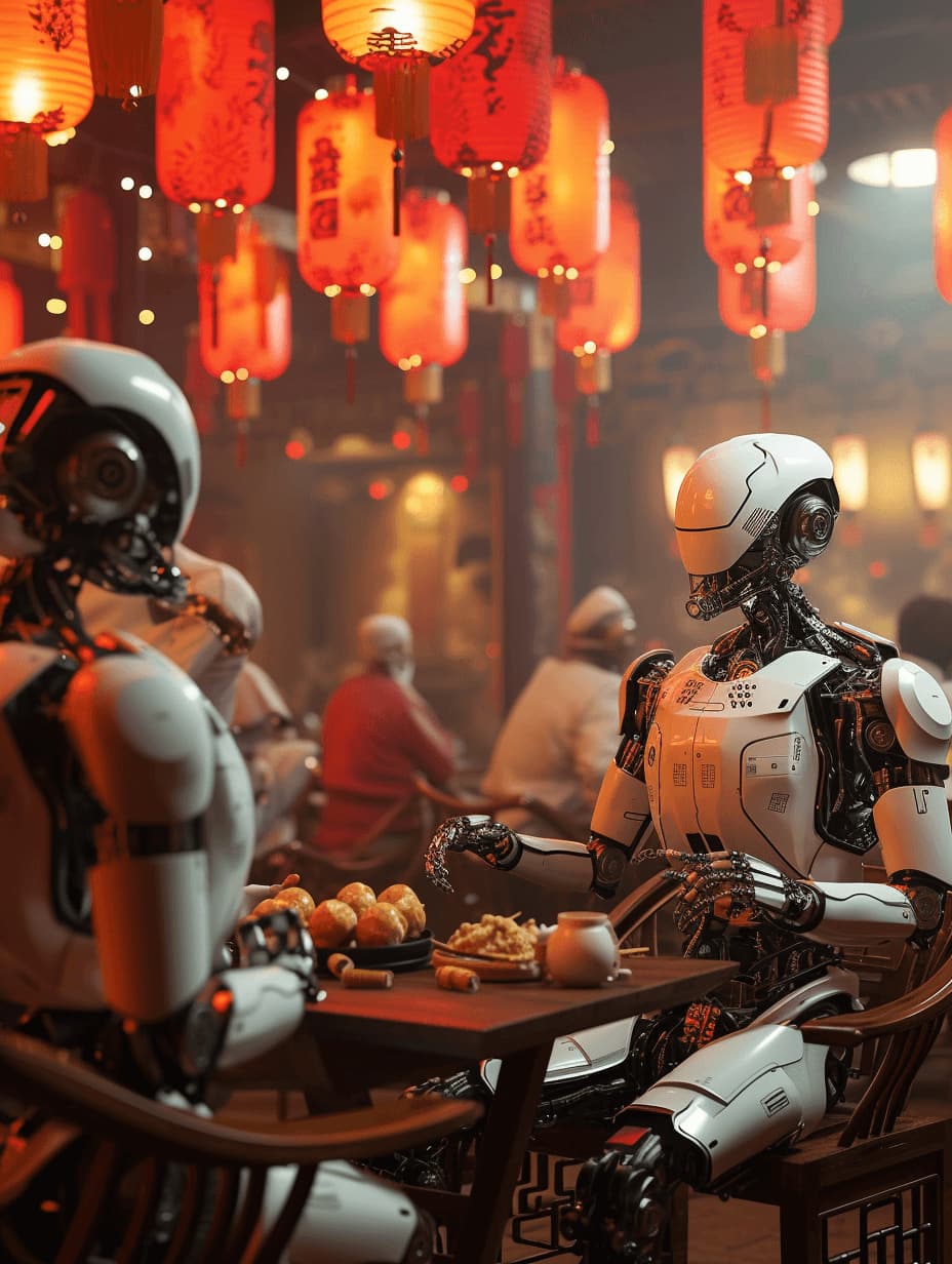 Two white and orange humanoid robots share a meal under glowing red paper lanterns in a busy night market.